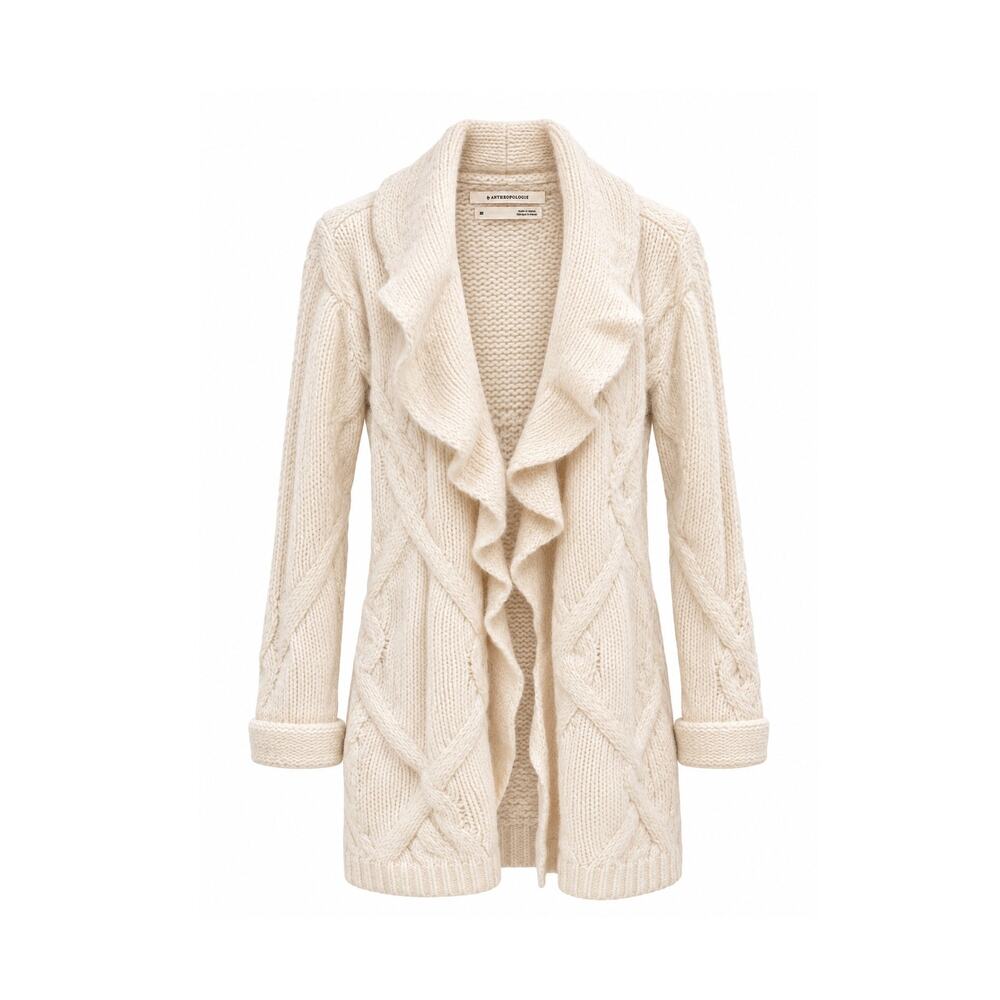 Vintage Y2K Anthropologie Cream Chunky Cable Knit Ruffle Waterfall Cardigan Wool